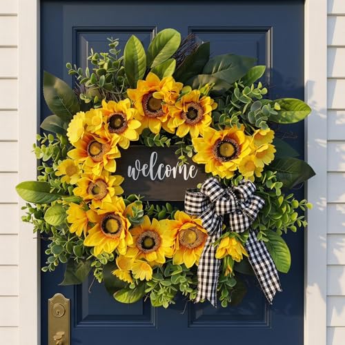 20-Inch Sunflower Welcome Wreath for Front Door Farmhouse Decor