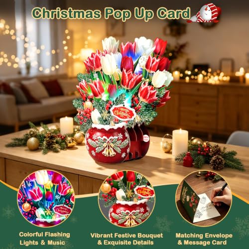 Rayilyn Christmas Tulips Pop Up Card with Lights & Music - 10.5 Inch Holiday Bouquet with Pine, Bells, Ornaments