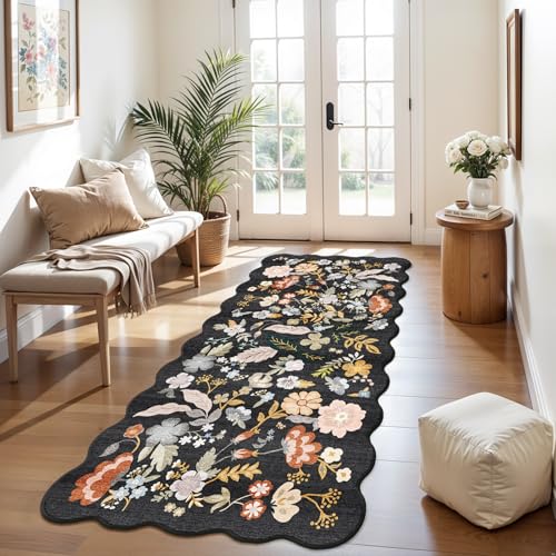 3x6 Washable Floral Runner Rug, Non-Slip Scalloped Hallway Floor Mat