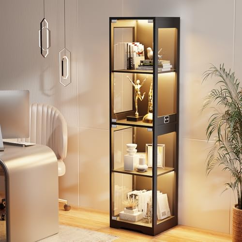 4-Tier Glass Display Cabinet with 3-Color LED Lights & Motion Sensor