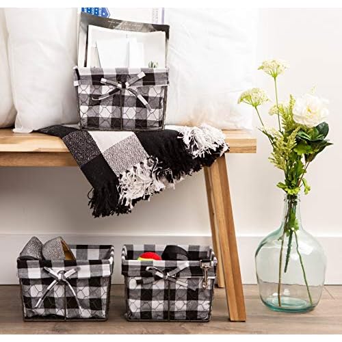 DII Farmhouse Chicken Wire Storage Baskets with Liner, Small, Vintage Black & White Check, 9x7x6", 3 Piece