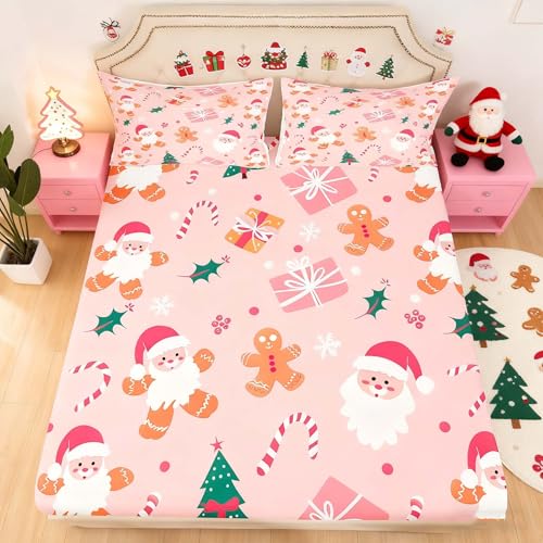 Feelyou Merry Christmas Bed Sheets 3Pcs Full Size Kids Pink Brown (No Flat Sheet) – Fitted Sheet Set