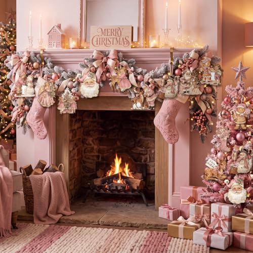 Huwena 36Pcs Pink Christmas Tree Ornaments - Vintage Snowman, Angel, Gingerbread & Santa