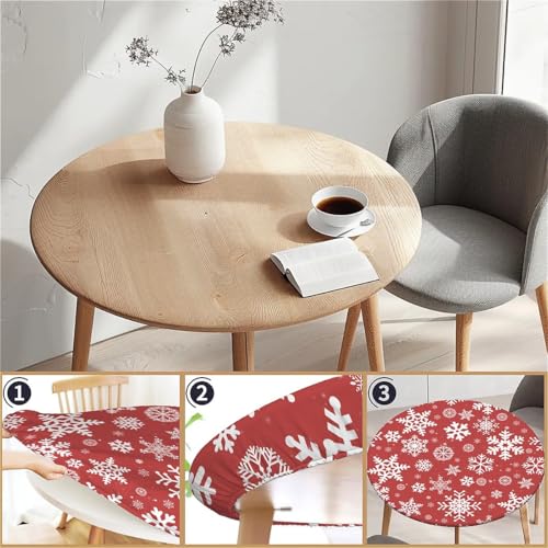 Yesad Christmas Snow Round Table Cover 60 Inch Fitted Elastic Tablecloth for Indoor Outdoor Holiday Events