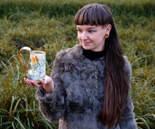 Norse Empire 5 Inch Viking Horn Mug - Handmade 12oz Medieval Norse Drinkware with Compass Finish, Perfect for Beer & Mead Gift