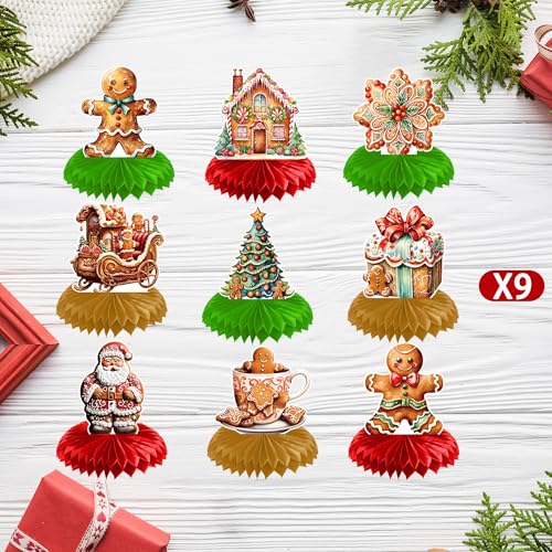 Christmas Gingerbread Honeycomb Centerpieces - 9 Pack Holiday Party Decorations