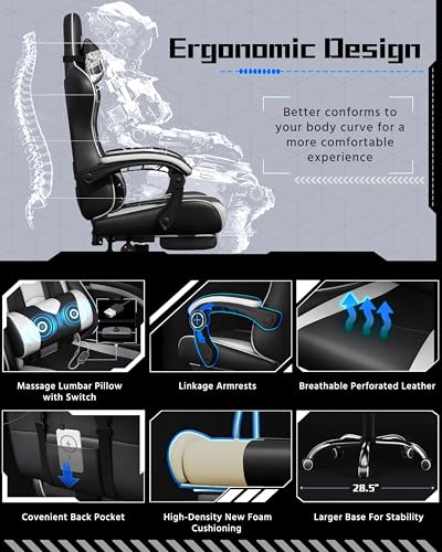 Ergonomic Gaming Chair with Massage Lumbar Pillow and Retractable Footrest