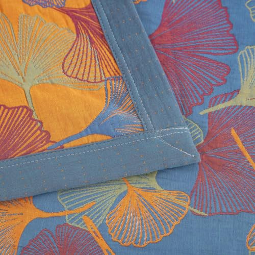 100% Cotton Muslin Blanket - Reversible Ginkgo Leaves Quilt, Queen