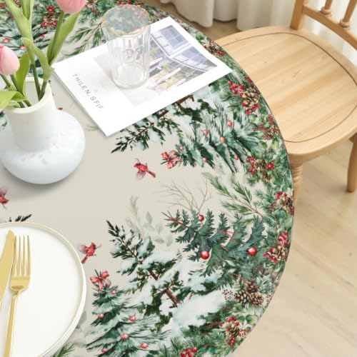 Roverantic 44-Inch Beige Green Red Christmas Round Fitted Tablecloth Winter Decor