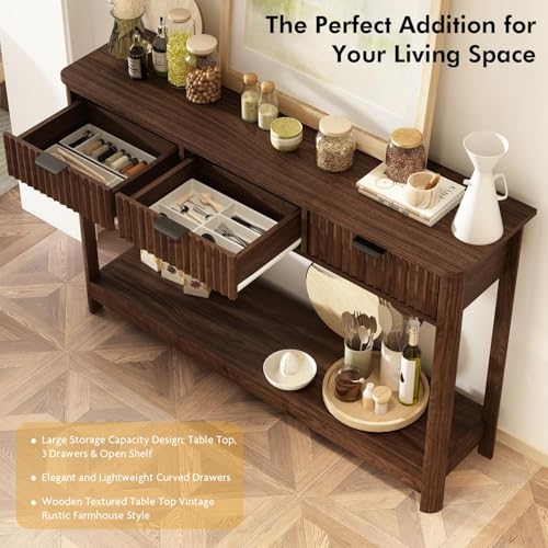 Fluted Wood Console Table with 3 Drawers, 47-inch Boho Entryway Sofa Table