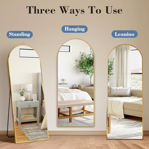 56" x 15" Arched Full Length Mirror, Gold Aluminum Frame Floor Standing Mirror