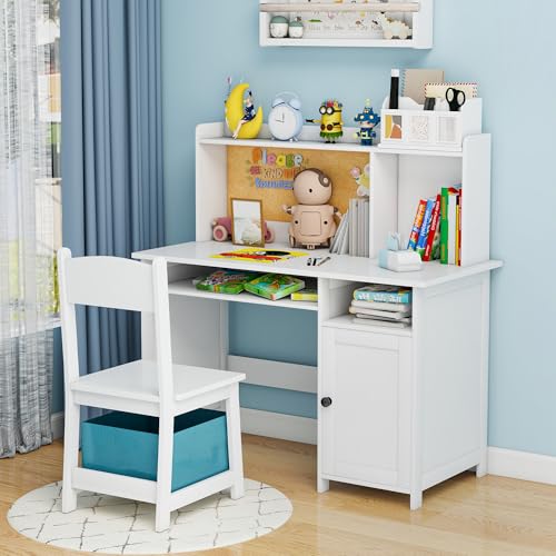 Kids Desk and Chair Set with Storage, Cork Board & Drawer - White Wooden
