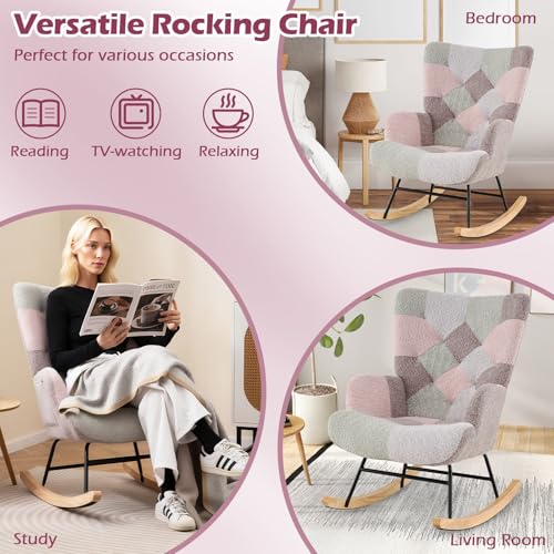 Boucle Upholstered Rocking Chair with High Backrest and Side Pocket