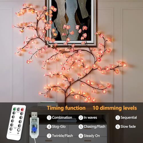 144 LED Pink Cherry Blossom Vine String Lights with Remote & Timer, 7.55ft