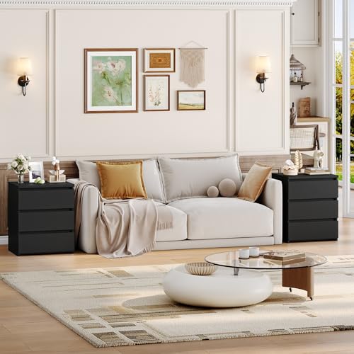 3-Drawer Nightstand Set of 2, Modern Black Bedside Table for Bedroom