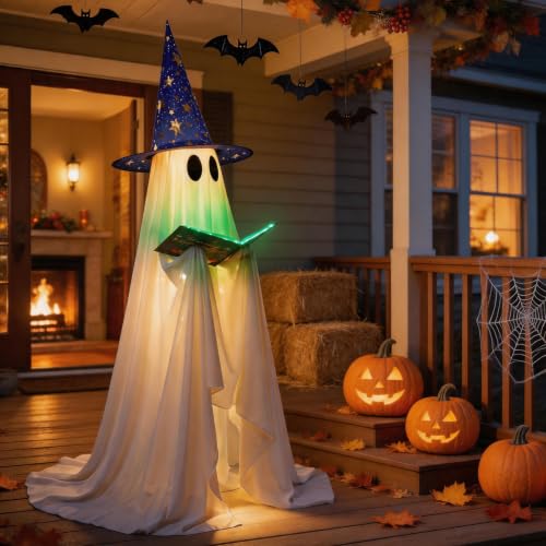 53-Inch Standing Halloween Ghost Decoration with Witch Hat & Glowing Book