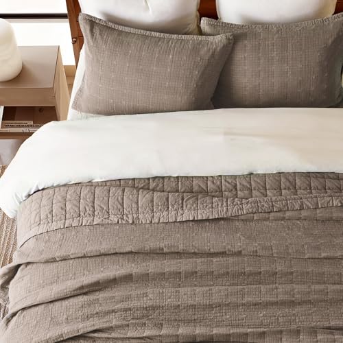 EverGrace Stonewashed Cotton Quilt Set, King, Mocha Brown Oversized Coverlet
