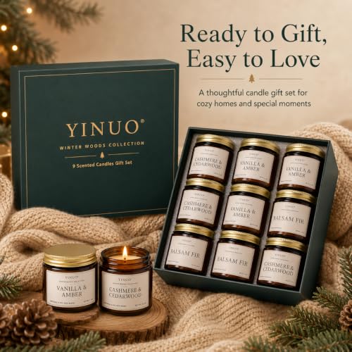 YINUO Winter Woods Scented Candle Gift Set - Forest Green 9 Pack, 3.5oz Amber Jars