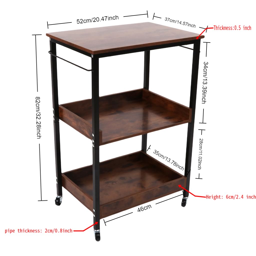 Kersiki 3-Tier Rolling Utility Cart with Table Top- Wooden Utility Cart wit Wheels- Kitchen Storage Microwave Table Stand, Mesh Shelves, for Living and Kitchen Room Office (Brown)