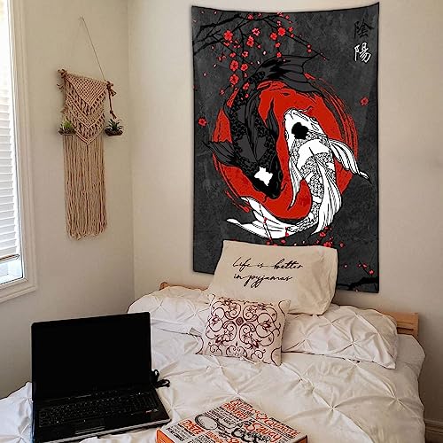 Japanese Yin Yang Koi Fish Tapestry - Anime Sakura Wall Hanging (40x60 In)