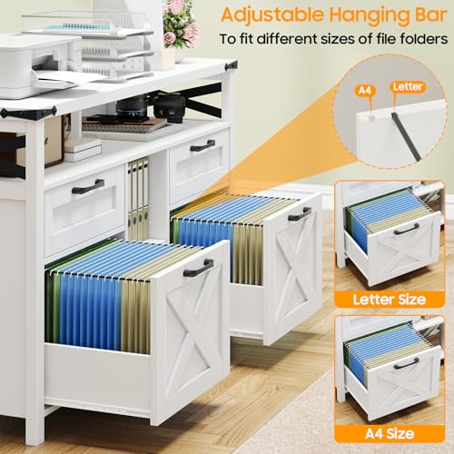 4-Drawer Farmhouse File Cabinet with Open Storage Shelf, White Office Organizer