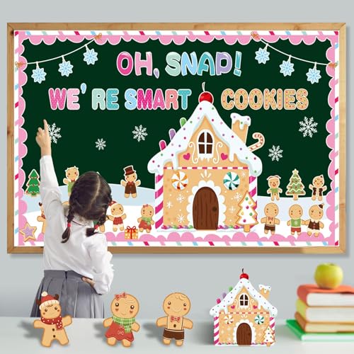 Christmas Bulletin Board Decorations Set with Borders - Gingerbread Men & House Cutouts for Classroom Holiday Decor