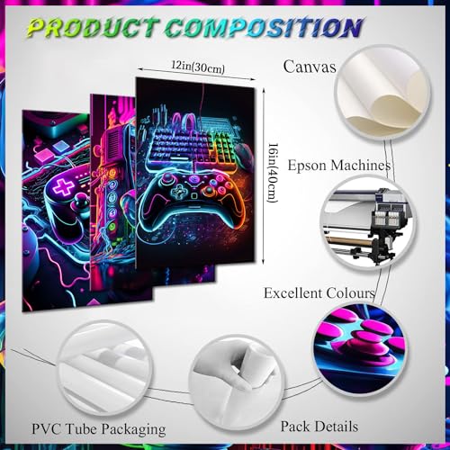 Neon Gaming Canvas Wall Art Posters Set of 3 for Boys Bedroom 12x16 Inch