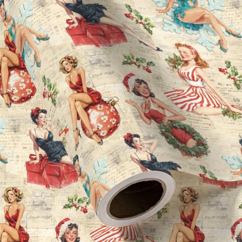 RUSPEPA Vintage Kraft Christmas Wrapping Paper Roll with Retro Pin-Up Girl - 17in x 16.4ft