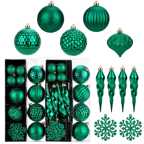 Emerald Green Christmas Tree Ornaments Set 50Pcs Shatterproof Holiday Decorations