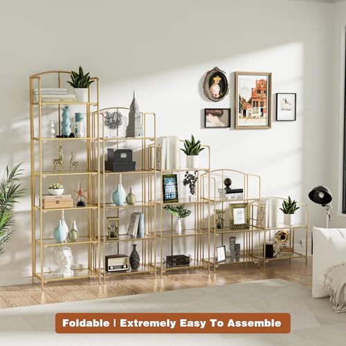 5-Tier Foldable Bookshelf, Gold Metal Frame & Transparent Shelves