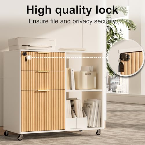 3-Drawer Fluted Mobile Filing Cabinet with Lock, Rolling Under-Desk Organizer