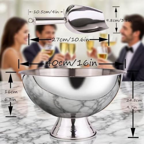 Mipau Silver 2-Pack Large 12L Ice Buckets with Scoops, Stainless Steel, Round, No Lid