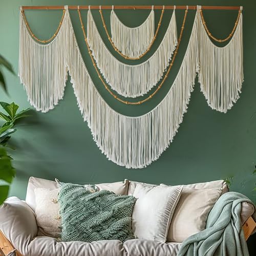 White Macrame Wall Hanging Boho Yarn Art with Beads - 57 x 35 Inches