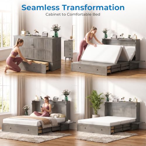 Queen Murphy Bed Cabinet with Tri-Fold Mattress, Drawers & Charging Station