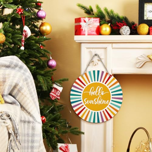 Boho Sunshine Round Wood Wall Sign, 12-Inch Mid-Century Sunray Door Plaque