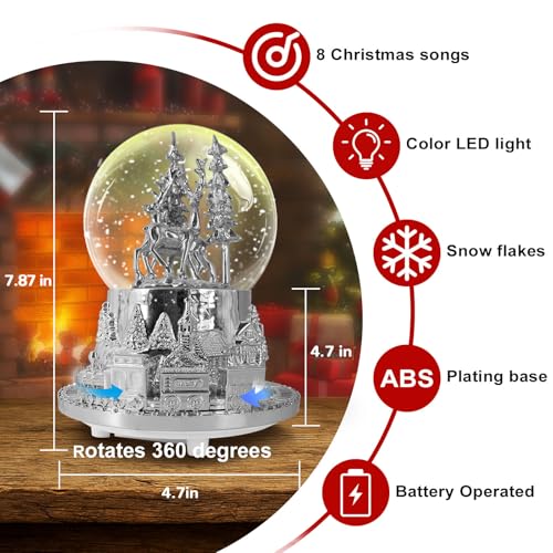 Musical LED Christmas Snow Globe with Rotating Train and White Reindeer