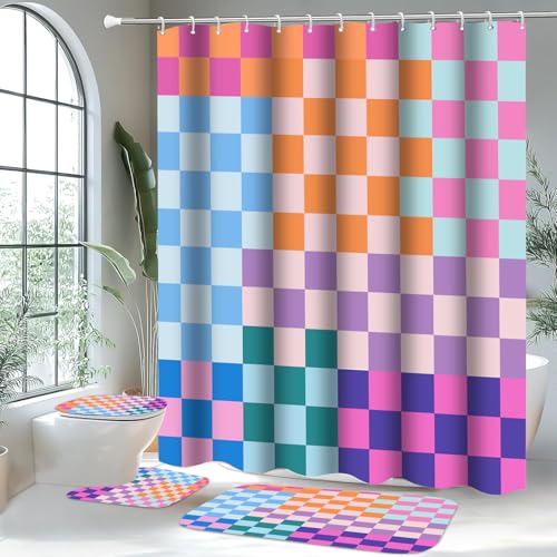 4-Piece Checkered Shower Curtain and Bath Rug Set with Toilet Mat