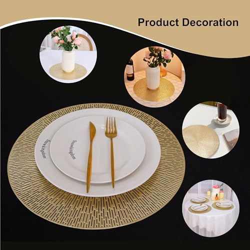 15-Inch Gold Metallic Round Placemats - Set of 6 Washable Vinyl Table Mats