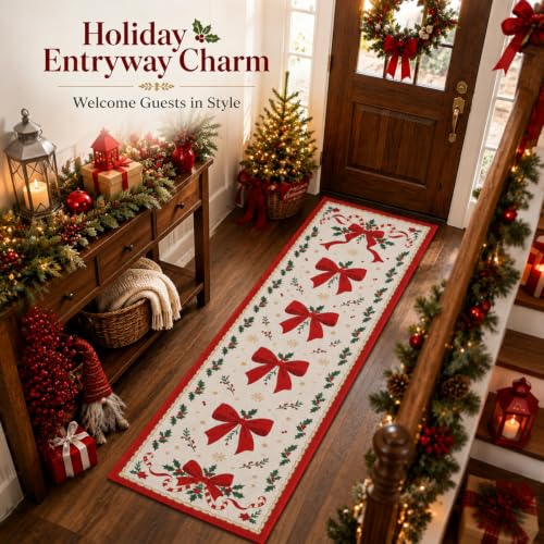 Christmas Runner Rug 2x6 Red Bow Vintage Runners for Hallways