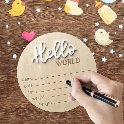 Wooden Hello World Baby Announcement Sign - 5.9 Inch Birth Stats Prop