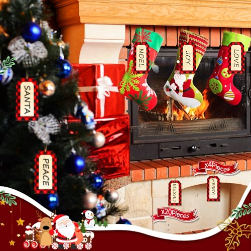 Christmas Stocking Name Tags Set - Wooden Holiday Labels with Dog Paw & DIY Design