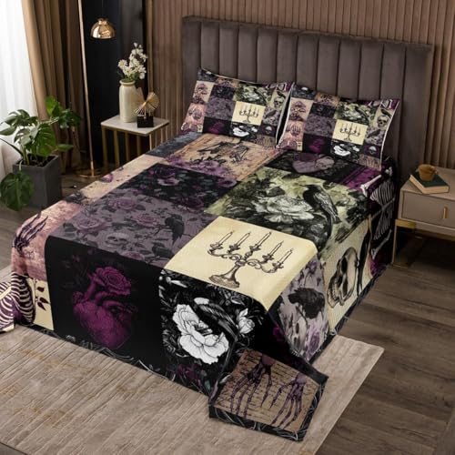 Gothic Crow Queen Bedspread Set, Vintage Skull Floral Quilt Coverlet 3Pcs