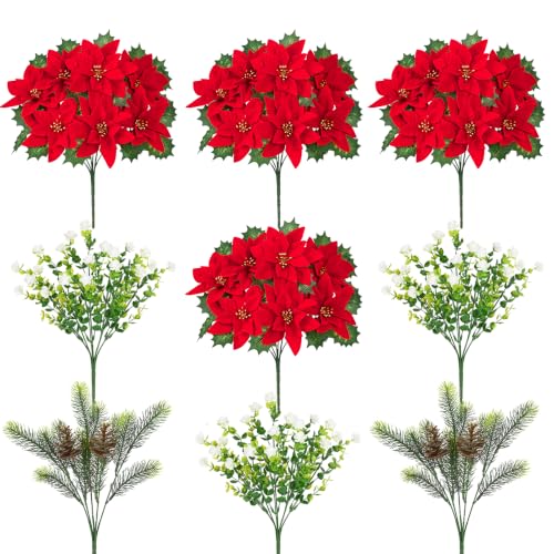 Waipfaru 9-Pack Poinsettias Flowers - 14'' Red Velvet Faux Christmas Bushes for Outdoors