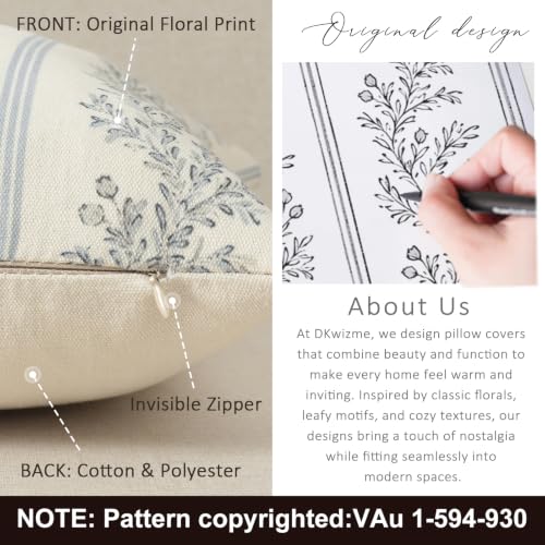 Vintage Floral Throw Pillow Covers 18x18 Set of 2 - Light Blue Cushion Covers