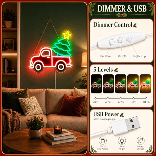 Christmas Truck LED Neon Sign - Holiday Wall Decor with Xmas Tree