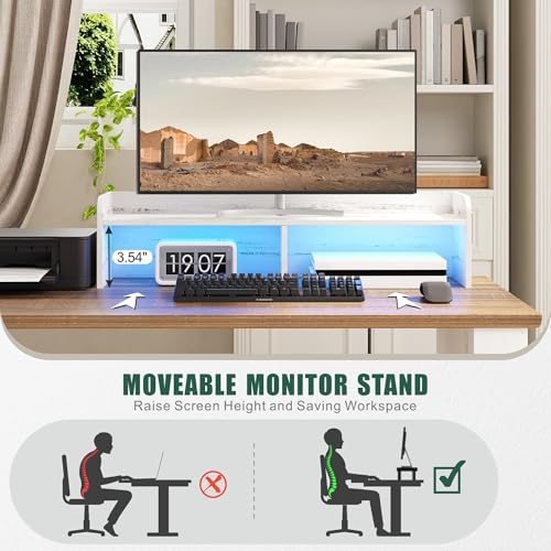 59-Inch L-Shaped Farmhouse Computer Desk with LED Lights, Drawers and Charging