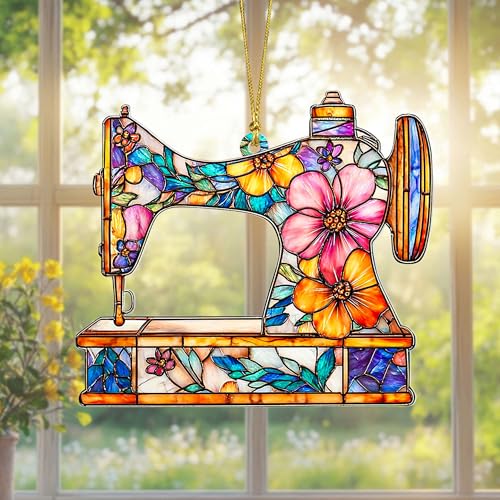 RosaTeeStore Faux Stained Glass Sewing Machine Ornament - Christmas Decoration, Sewing Gift, Hanging Holiday Decor (Sewing Ornament)