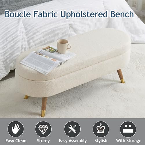 43.5" Oval Upholstered Storage Bench, Boucle Fabric Ottoman with Gold Legs