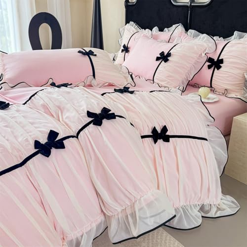 Ruffled Lace Duvet Cover Set with Bow - Queen Size Pink Princess Bedding