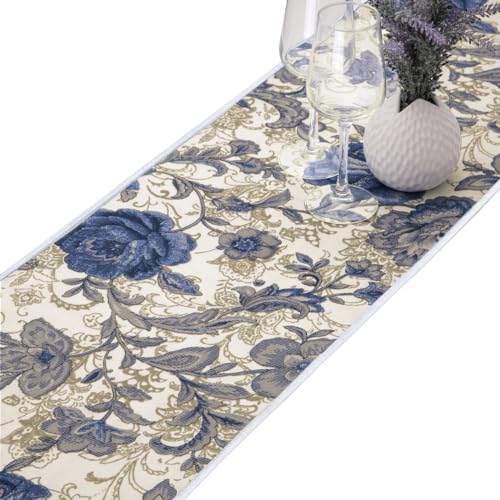 Blue Flower Table Runner for Dinner Party & Wedding Decor - Cream White & Blue, 12 x 33 Inch
